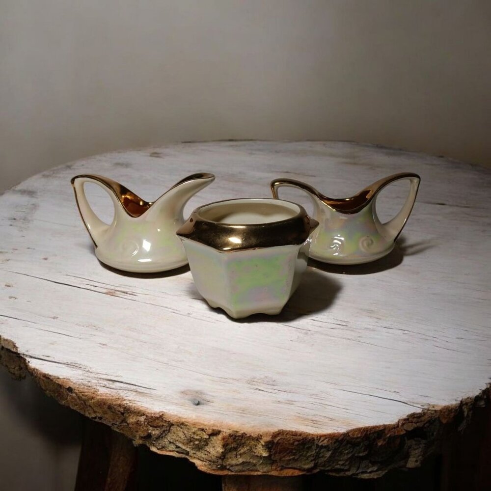 Sadler Miniature Pearlized Lusterware 22k Gold Trimmed Sugar and Creamer 3 pc